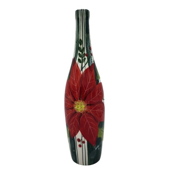 Nantucket Home Vintage Red Poinsettia Ceramic Bottle Vase Holiday Decor 11.7" - Picture 5 of 10